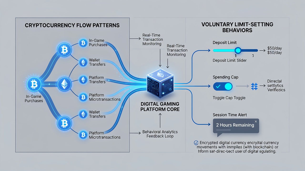 Data dashboard displaying cryptocurrency flow metrics correlated with user-activated voluntary limits on a gaming platform interface